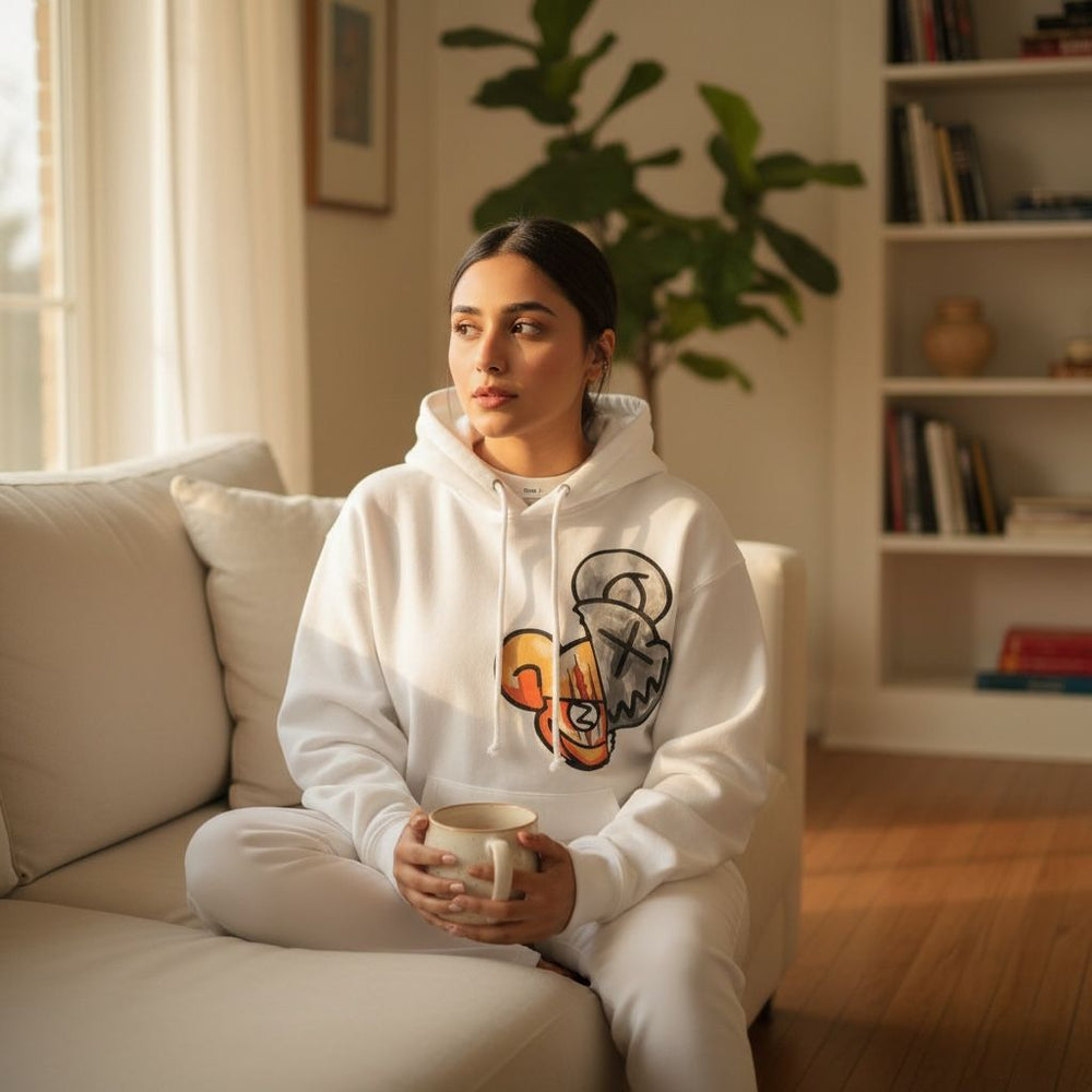 Person wearing a white hoodie with a graphic design, sitting on a couch holding a mug in a cozy living room.